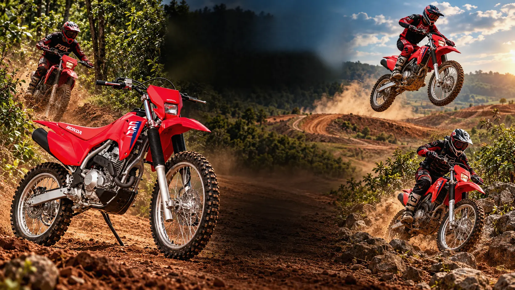 CRF vermelha zero km parada em uma trilha de terra, com pilotos off-road ao fundo