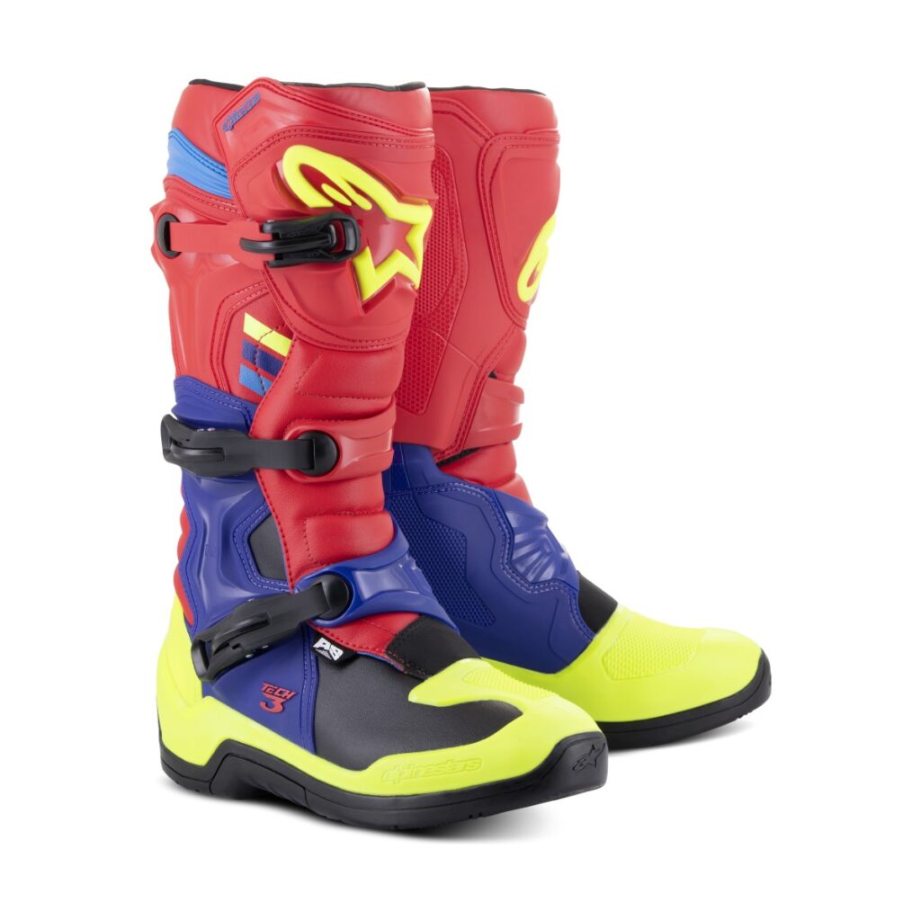 Bota Alpinestars Tech 3 Vermelho/Azul-Escuro/Verde Flúor – par