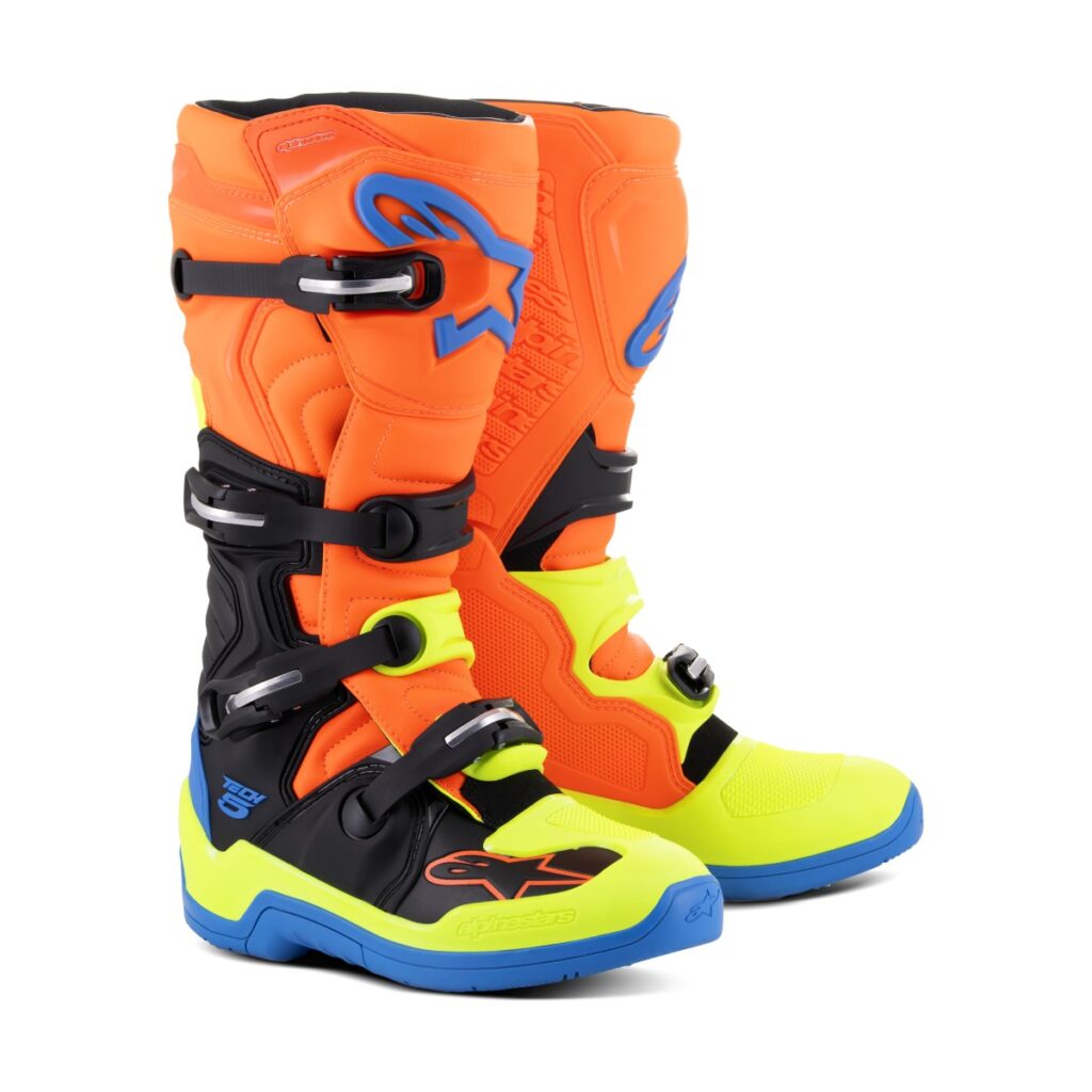 Bota Alpinestars Tech 5 Laranja Flúor/Azul/Verde Flúor – par