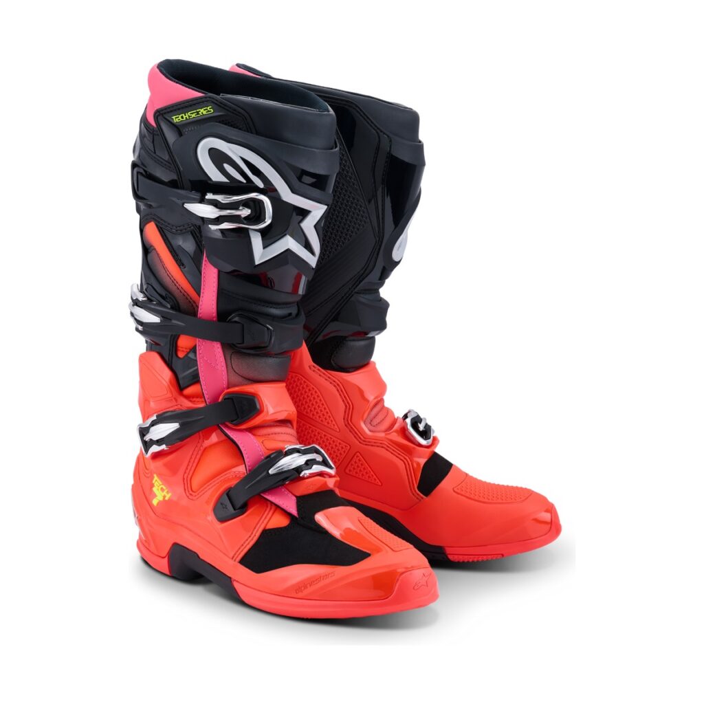 Bota Alpinestars Tech 7 Preto/Vermelho Flúor/Rosa Flúor – par