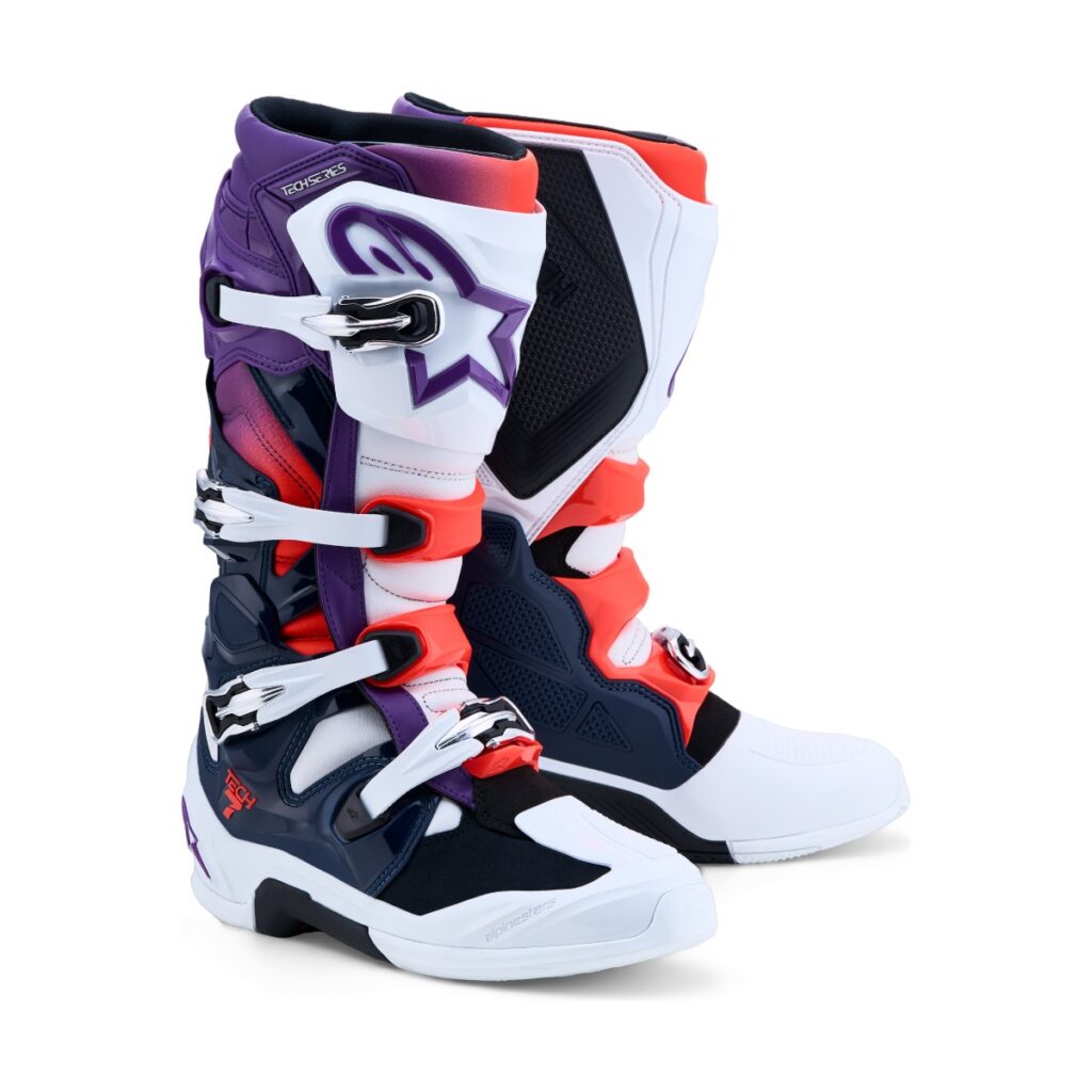 Bota Alpinestars Tech 7 Roxo/Branco/Azul-Escuro/Vermelho Flúor – par